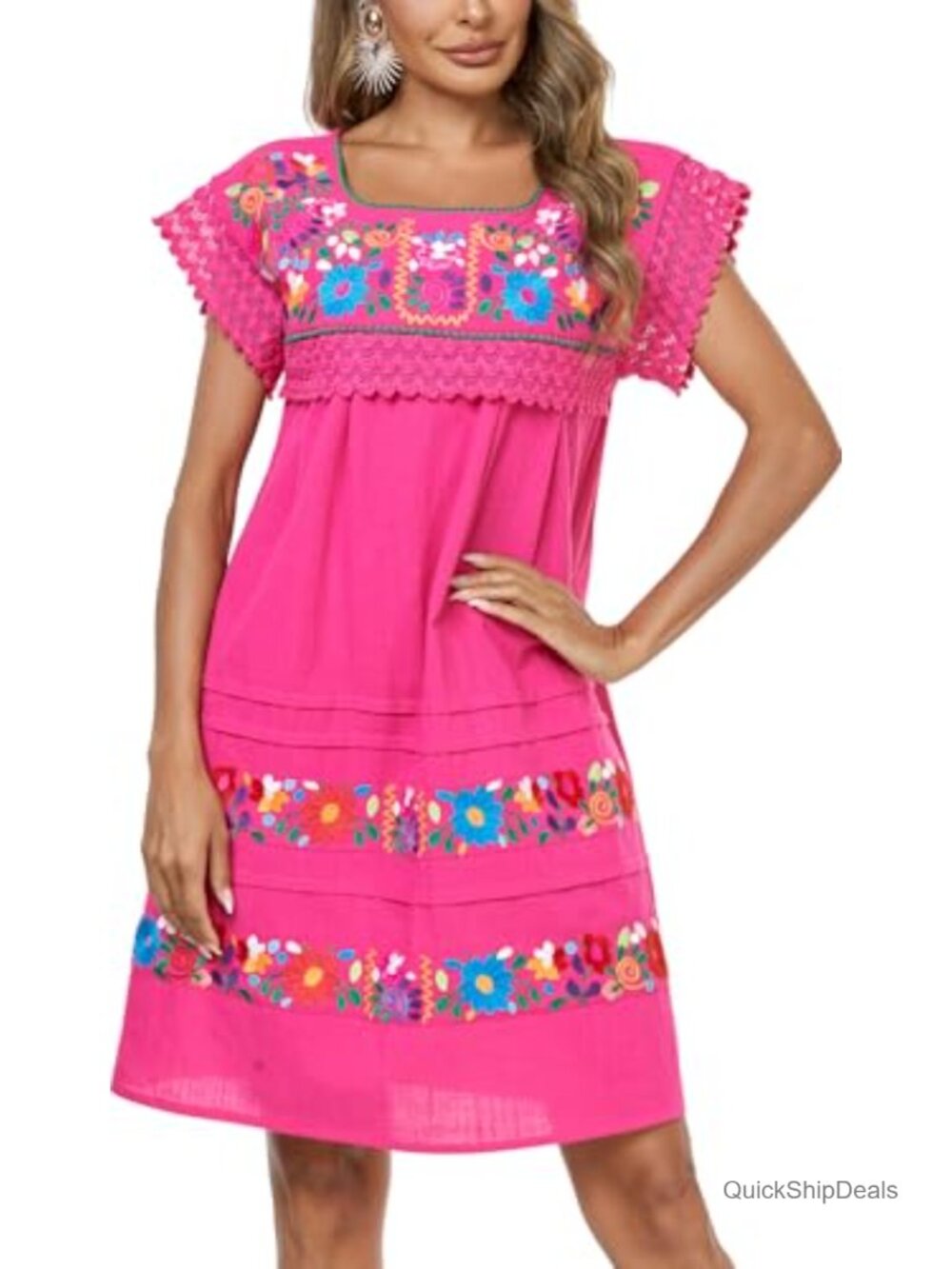 Cotton Floral Embroidered Peasant Dress Lace Short Sleeve Boho